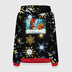 Толстовка-худи женская Новый год ёжик и корзинка, цвет: 3D-красный