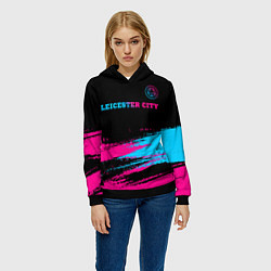 Толстовка-худи женская Leicester City - neon gradient: символ сверху, цвет: 3D-черный — фото 2