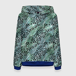 Толстовка-худи женская Листья пальмы на леопардовом серо - зеленом фоне, цвет: 3D-синий