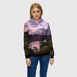 Толстовка-худи женская Пейзаж вечерней реки и леса, цвет: 3D-черный — фото 2