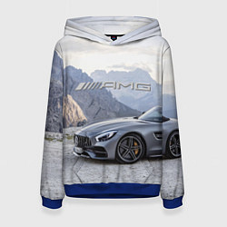 Толстовка-худи женская Mercedes AMG V8 Biturbo cabriolet - mountains, цвет: 3D-синий