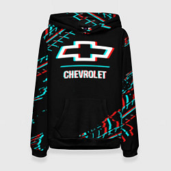 Толстовка-худи женская Значок Chevrolet в стиле glitch на темном фоне, цвет: 3D-черный