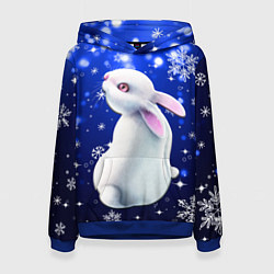 Толстовка-худи женская Белый кролик в снежинках, цвет: 3D-синий
