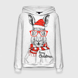 Толстовка-худи женская Santa Rabbit Merry Christmas!, цвет: 3D-белый