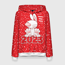 Толстовка-худи женская Happy new year, 2023 год кролика, цвет: 3D-белый