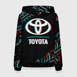 Толстовка-худи женская Значок Toyota в стиле glitch на темном фоне, цвет: 3D-черный