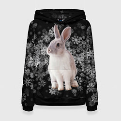 Толстовка-худи женская Кролик и пушистые снежинки, цвет: 3D-черный