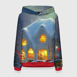 Толстовка-худи женская Сказочный зимний домик, покрытый снегом, цвет: 3D-красный