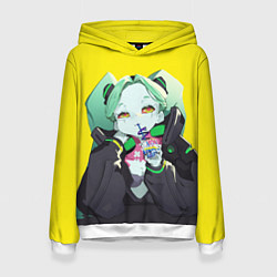 Толстовка-худи женская Ребекка пьет коктель - Cyberpunk, цвет: 3D-белый