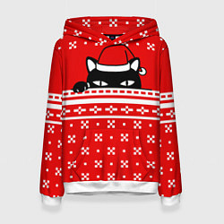 Толстовка-худи женская Выглядывающий котик - красный свитер, цвет: 3D-белый