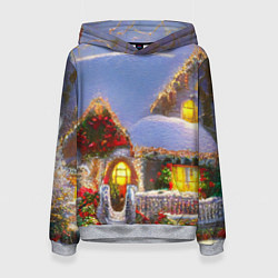 Толстовка-худи женская Украшенный новогодний коттедж и снежные сугробы, цвет: 3D-меланж
