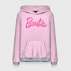 Толстовка-худи женская Барби - логотип на клетчатом фоне, цвет: 3D-меланж