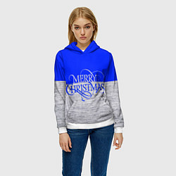 Толстовка-худи женская Merry Christmas синий, цвет: 3D-белый — фото 2