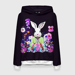 Толстовка-худи женская Кролик в цветах на черном фоне, цвет: 3D-белый