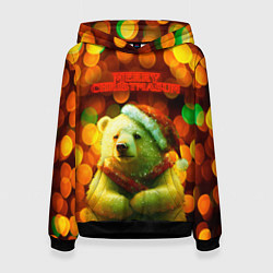 Толстовка-худи женская Merry Christmas белый медвежонок, цвет: 3D-черный
