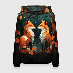 Толстовка-худи женская Две лисоньки в стиле Folk Art, цвет: 3D-черный