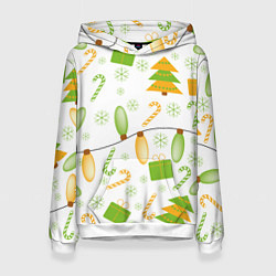 Толстовка-худи женская Желто-зеленые гирлянды с елочками и подарками, цвет: 3D-белый