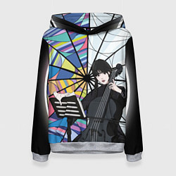 Толстовка-худи женская Уэнсдэй играет на виолончели на фоне окна, цвет: 3D-меланж