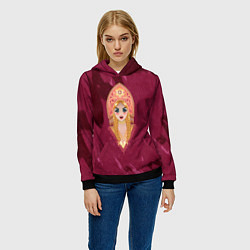 Толстовка-худи женская Девушка в красном кокошнике с золотыми украшениями, цвет: 3D-черный — фото 2