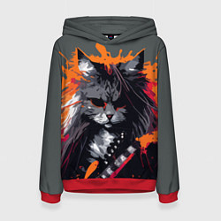 Толстовка-худи женская Rocker Cat on a gray background - C-Cats collectio, цвет: 3D-красный