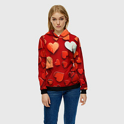 Толстовка-худи женская Красные сердца на красном фоне, цвет: 3D-черный — фото 2