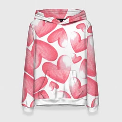 Толстовка-худи женская Розовые акварельные сердца - паттерн, цвет: 3D-белый