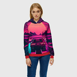 Толстовка-худи женская Синтвейв закат и автомобиль, цвет: 3D-красный — фото 2