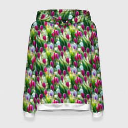 Толстовка-худи женская Весенние тюльпаны и подснежники, цвет: 3D-белый