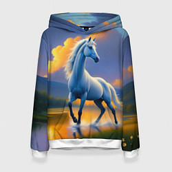 Толстовка-худи женская Белая лошадь на рассвете, цвет: 3D-белый