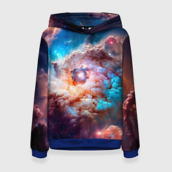 Толстовка-худи женская Небула в космосе в голубо-розовых тонах - нейронна, цвет: 3D-синий