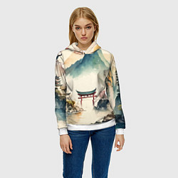 Толстовка-худи женская Японский пейзаж - акварель, цвет: 3D-белый — фото 2