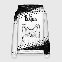 Толстовка-худи женская The Beatles рок кот на светлом фоне, цвет: 3D-белый