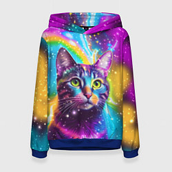 Толстовка-худи женская Полосатый кот с разноцветной звездной туманностью, цвет: 3D-синий