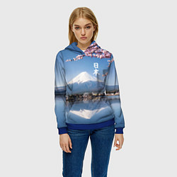 Толстовка-худи женская Цветущая сакура на фоне Фудзиямы - Япония, цвет: 3D-синий — фото 2