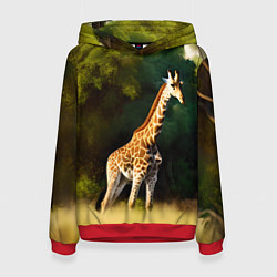 Толстовка-худи женская Жираф на фоне деревьев, цвет: 3D-красный