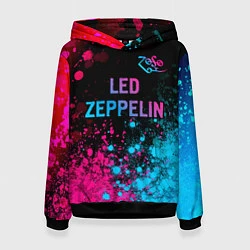 Толстовка-худи женская Led Zeppelin - neon gradient: символ сверху, цвет: 3D-черный