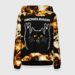 Толстовка-худи женская Nickelback рок кот и огонь, цвет: 3D-черный