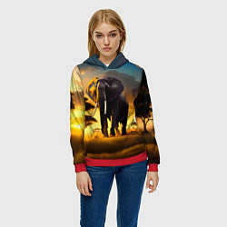 Толстовка-худи женская Слон и рассвет в саванне, цвет: 3D-красный — фото 2