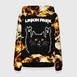 Толстовка-худи женская Linkin Park рок кот и огонь, цвет: 3D-черный