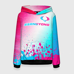 Толстовка-худи женская SsangYong neon gradient style: символ сверху, цвет: 3D-черный