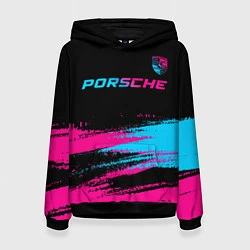Толстовка-худи женская Porsche - neon gradient: символ сверху, цвет: 3D-черный