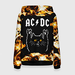 Толстовка-худи женская AC DC рок кот и огонь, цвет: 3D-черный