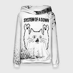 Толстовка-худи женская System of a Down рок кот на светлом фоне, цвет: 3D-белый