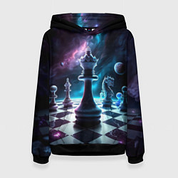 Толстовка-худи женская Космические шахматы, цвет: 3D-черный