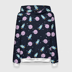 Толстовка-худи женская Ракета и планета, цвет: 3D-белый