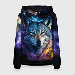 Толстовка-худи женская Космический звездный волк, цвет: 3D-черный