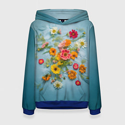 Толстовка-худи женская Букет полевых цветов на ткани, цвет: 3D-синий