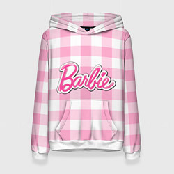 Толстовка-худи женская Барби лого розовая клетка, цвет: 3D-белый