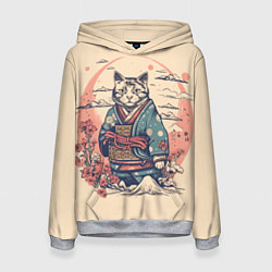 Толстовка-худи женская Кот-самурай, цвет: 3D-меланж