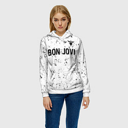 Толстовка-худи женская Bon Jovi glitch на светлом фоне: символ сверху, цвет: 3D-белый — фото 2